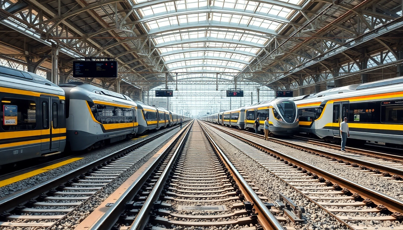 Universal rail track infrastructure with modern trains in a bustling station environment.