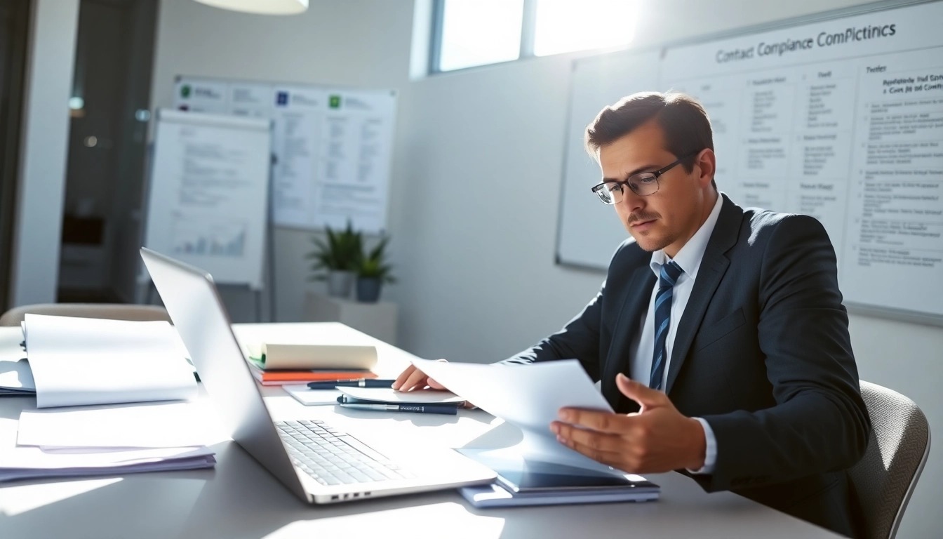 Analyzing federal and state contracts pre-post award compliance with a professional consultant in a modern office.