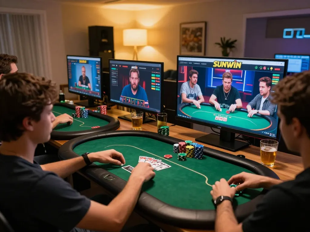 Engaging sunwin online gaming session with player in focus, poker action on screen, cozy home setup.