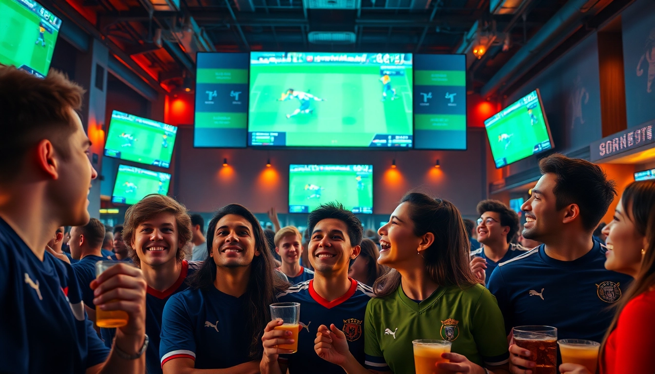 Engaged fans enjoying a sports viewing experience at a modern bar, embodying the excitement of 토토스토리.