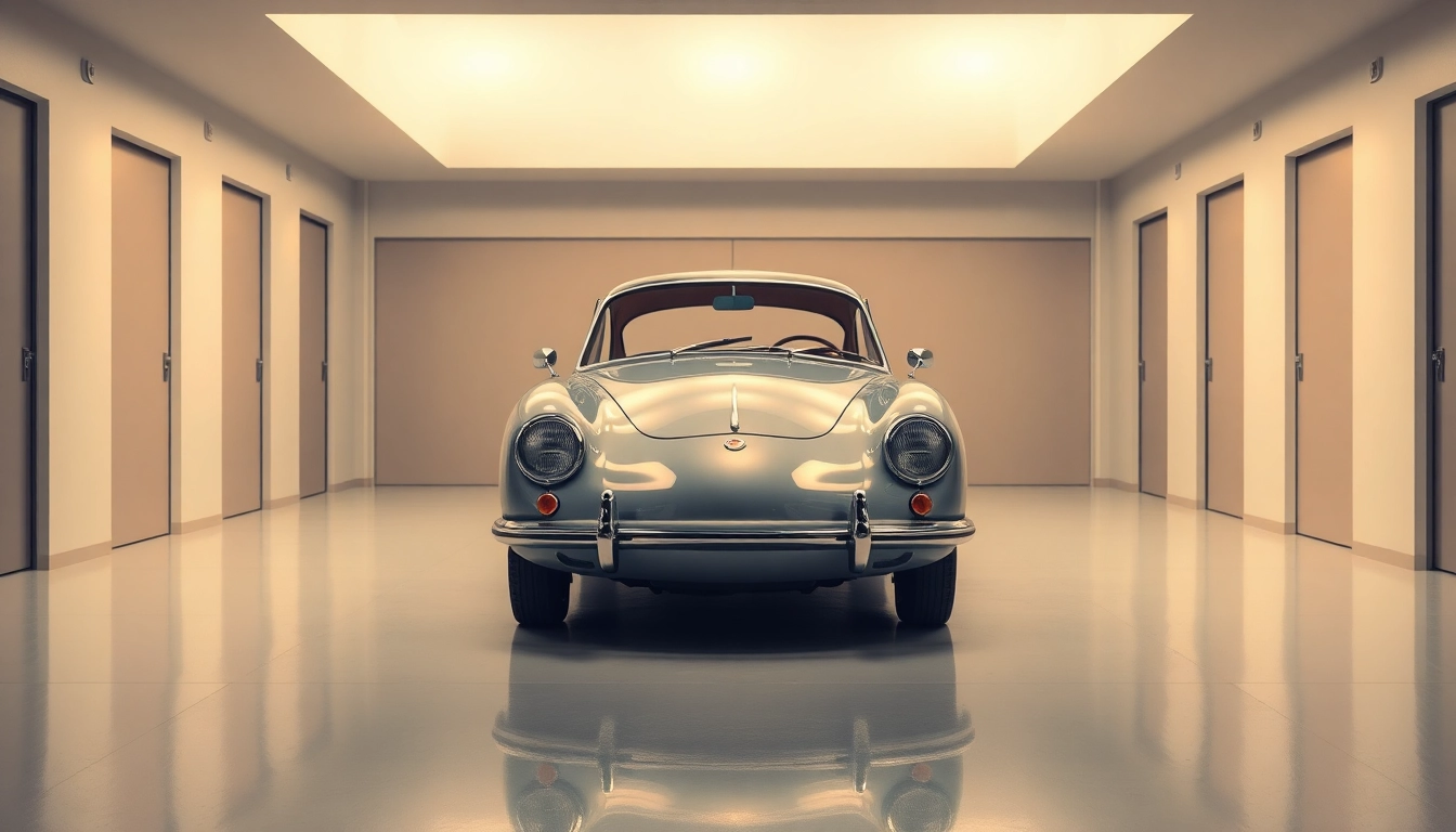 Showcasing classic car storage with a vintage car placed in a sleek, modern facility demonstrating security and elegance.
