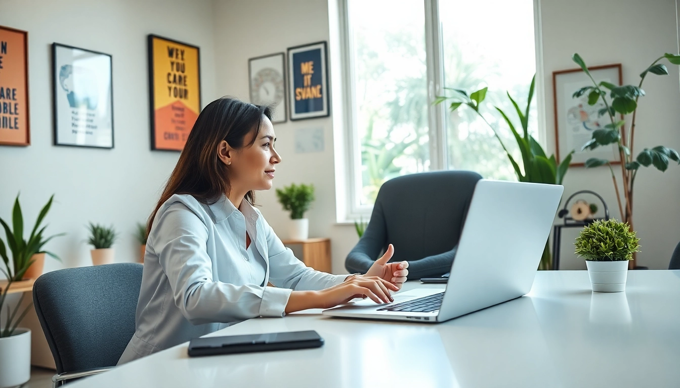 Career consultant engaging with clients in a bright office setting.