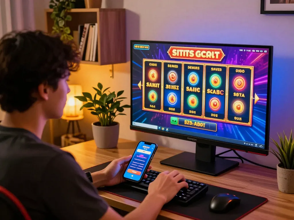 Playing exciting situs slot gacor on a stylish monitor, enjoying online gambling at home.