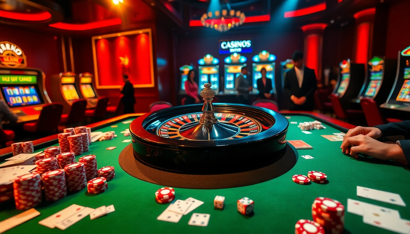 Vivez l'excitation du casino en ligne avec une roue de roulette et des jetons de poker vibrants en exposition.