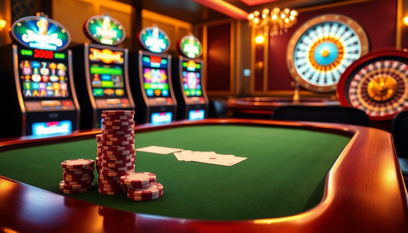 Participez à des jeux palpitants dans un casino en ligne avec des jetons de poker et des machines à sous vibrantes.