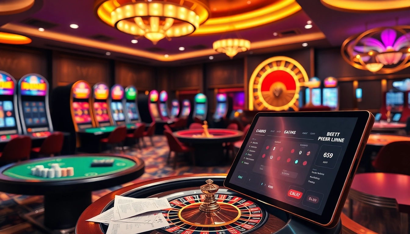 Scène 'casino en ligne' passionnante mettant en avant des joueurs engagés dans divers jeux parmi des machines à sous vibrantes et une roue de roulette.