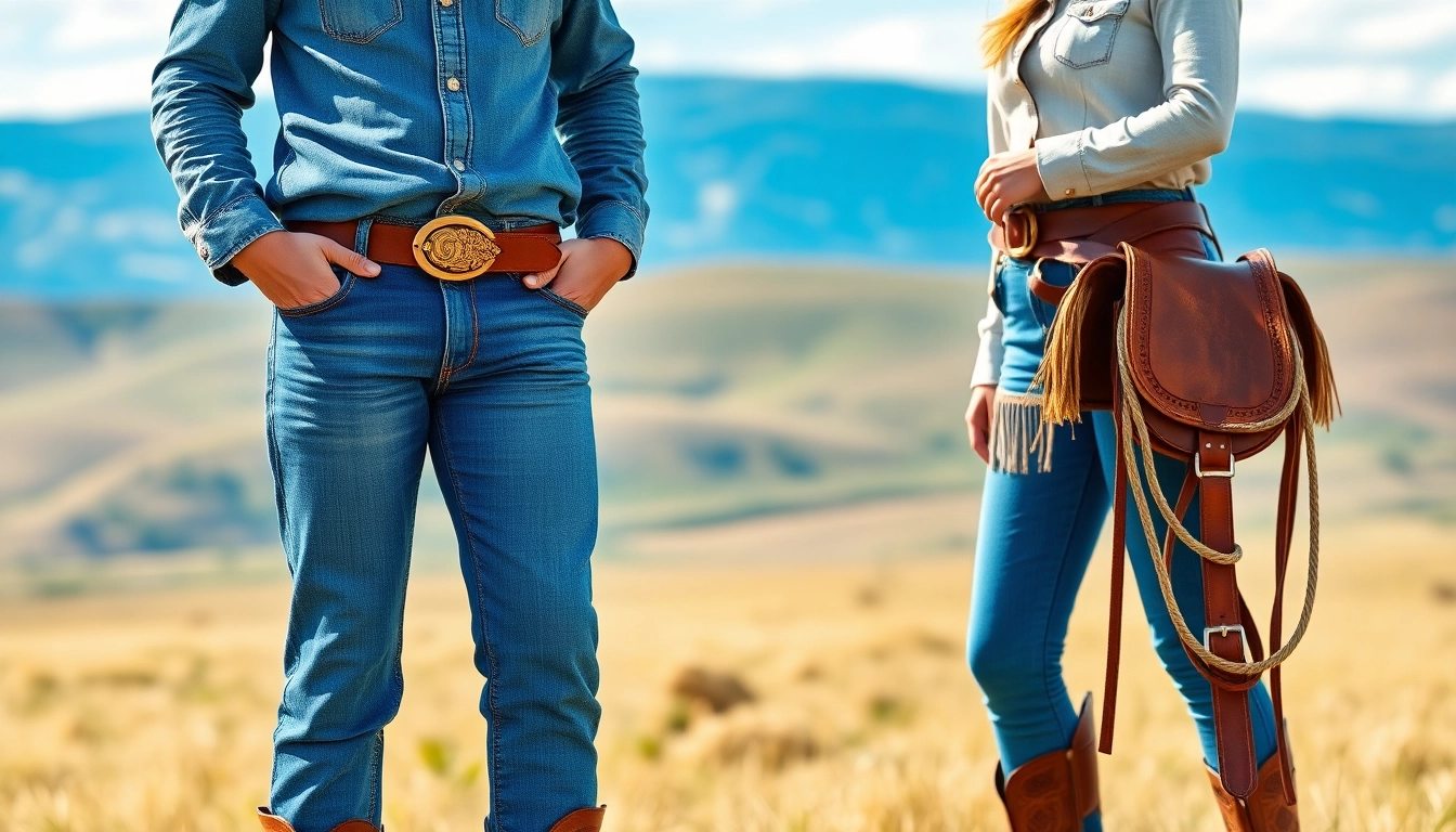 Showcasing western wear Canada, a cowboy and cowgirl in stylish outfits pose with rustic props against a prairie backdrop.