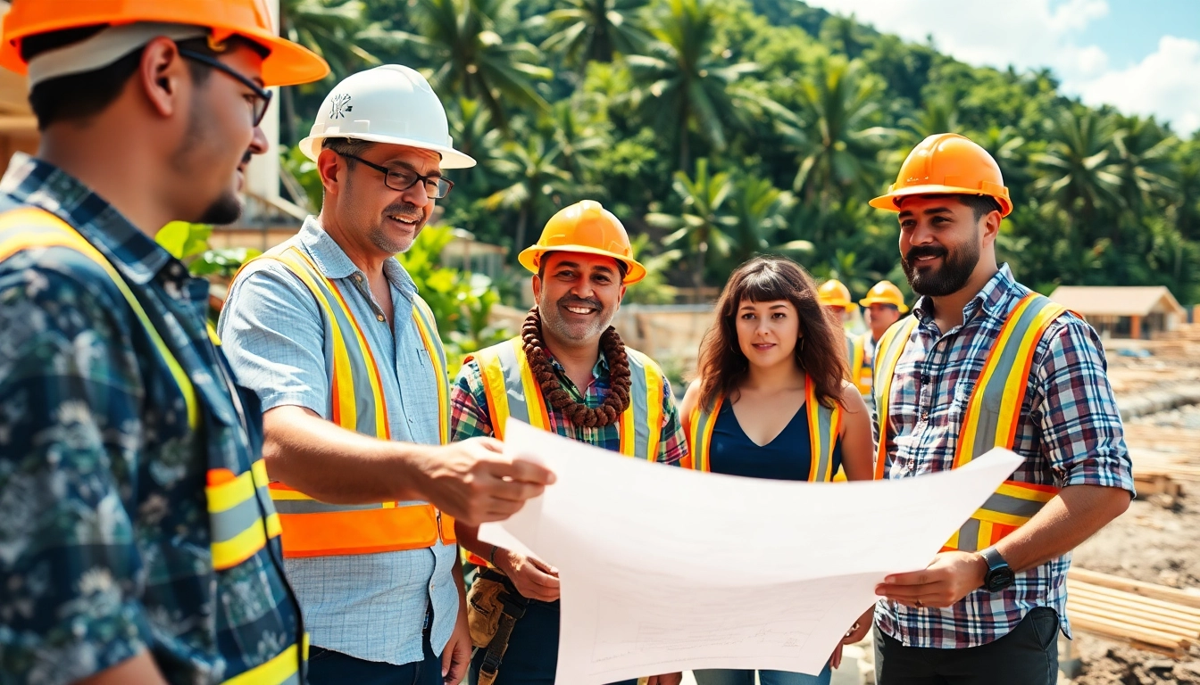 Hawaii construction association collaborating on a building site with diverse workers