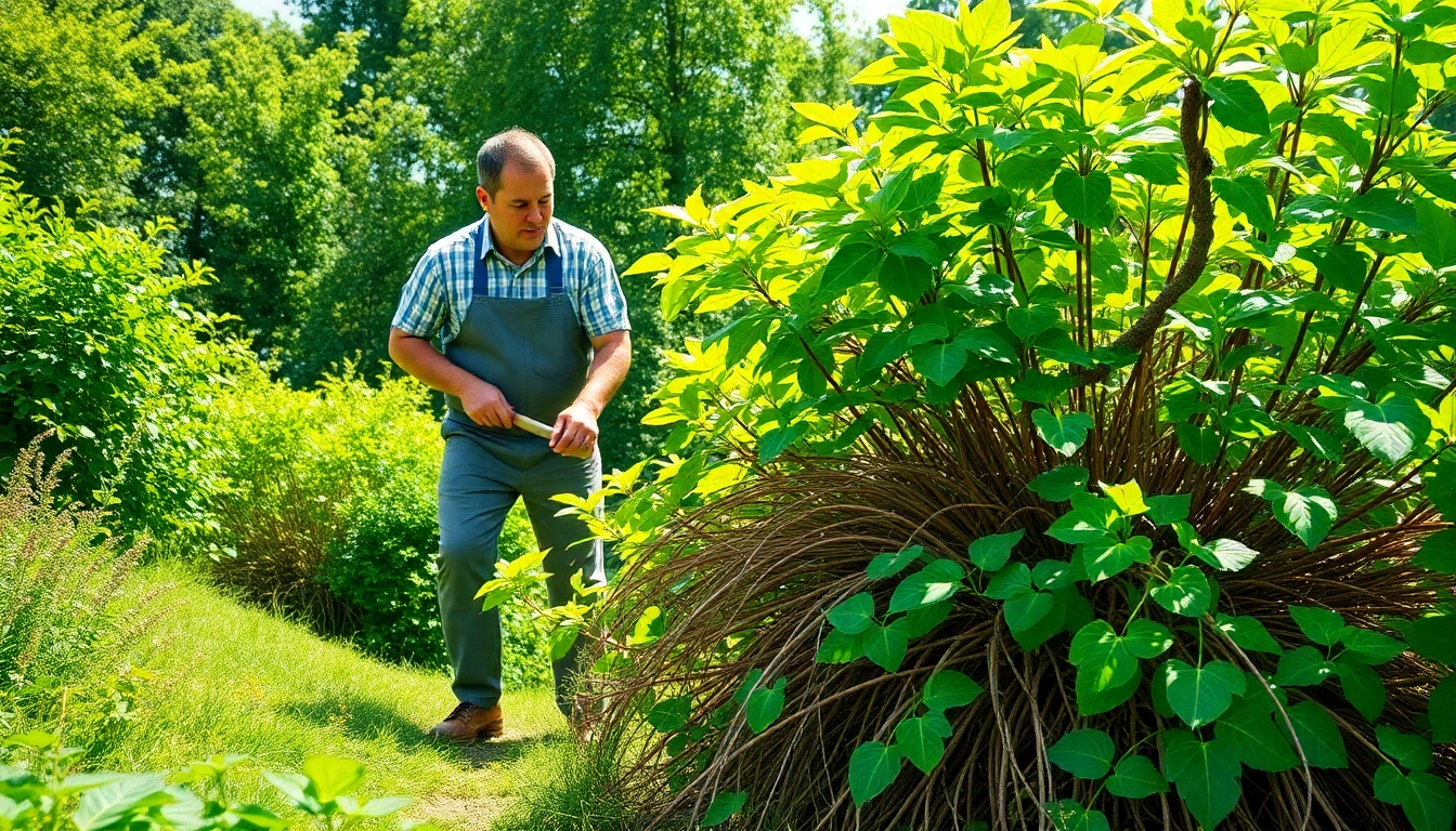Gardener engaged in Japanese Knotweed Removal from a vibrant garden setting.