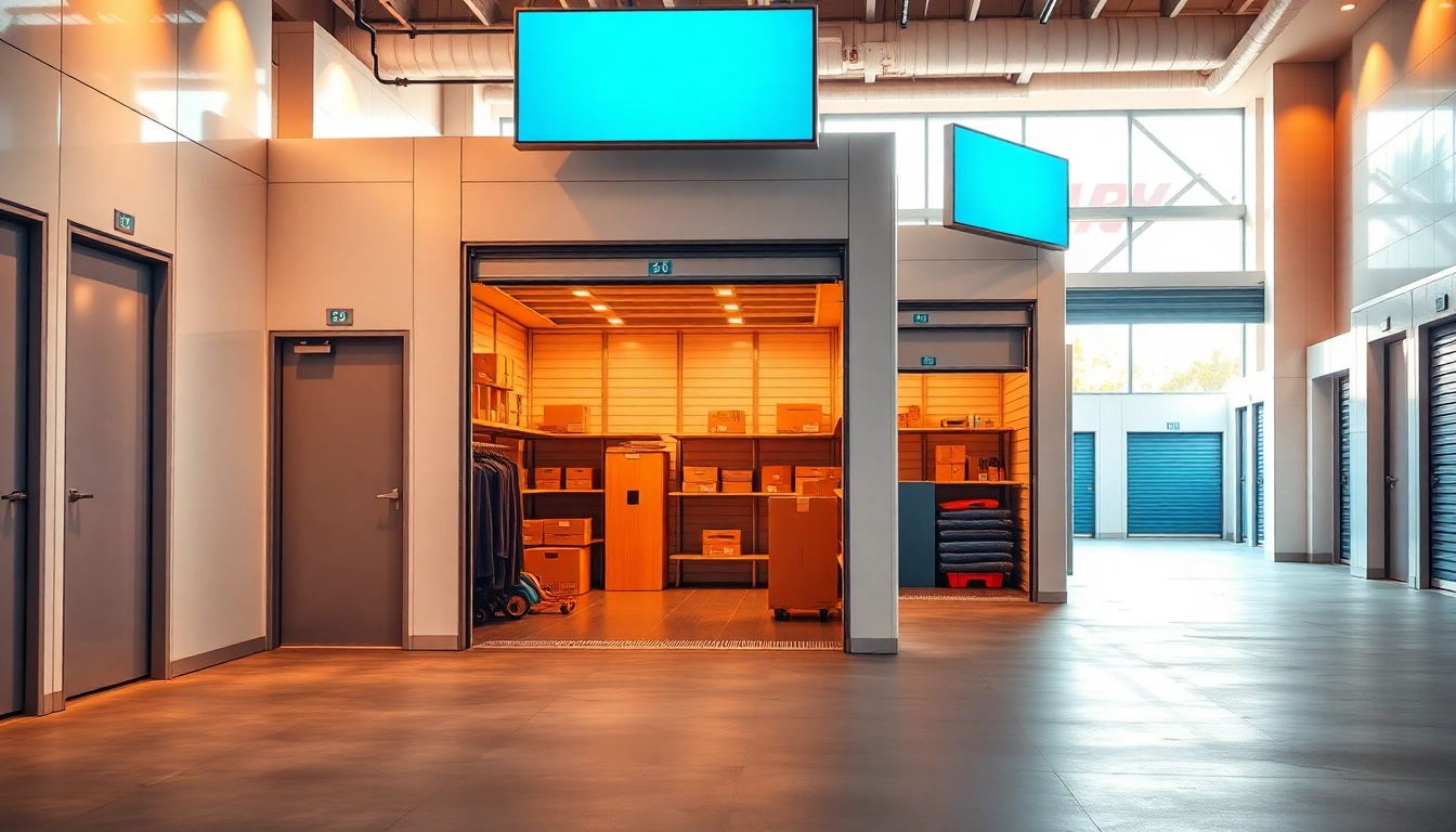 Organized self storage units displaying various sizes in a bright urban setting.