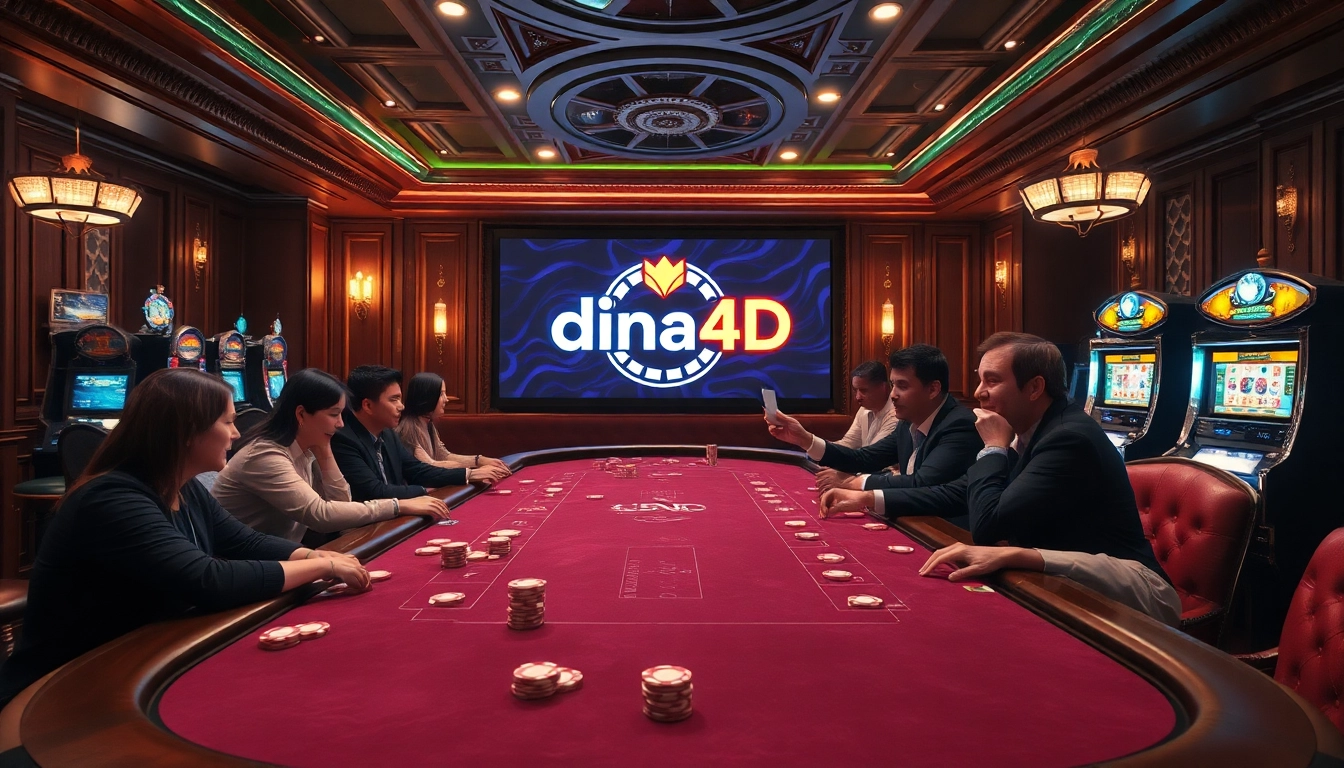 Players at a luxurious casino table passionately engaging in gambling, with the dinamit4d logo featured prominently.
