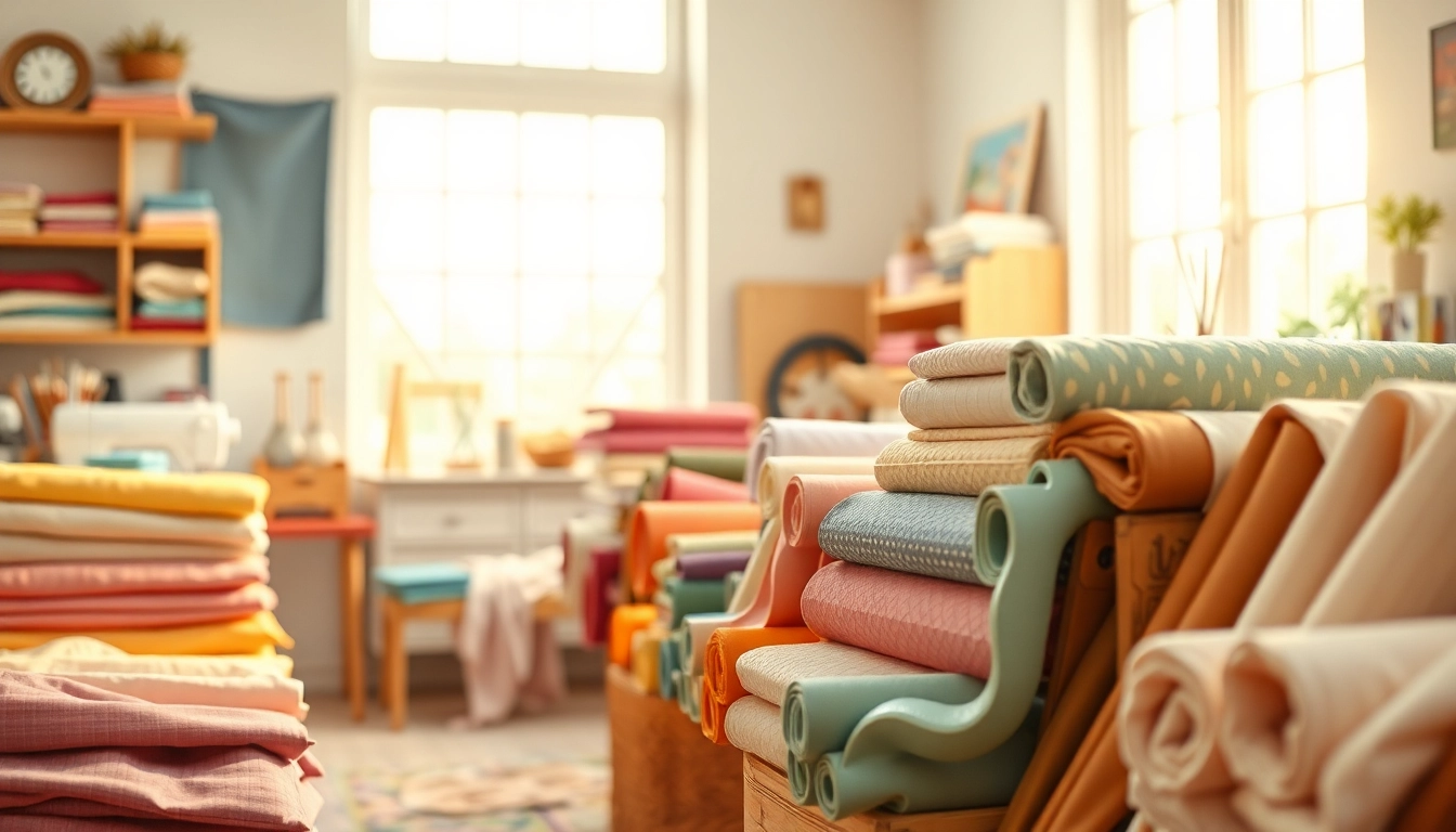 Katoen stof kopen: Een kleurrijke collectie stoffen in een gezellige naai studio.