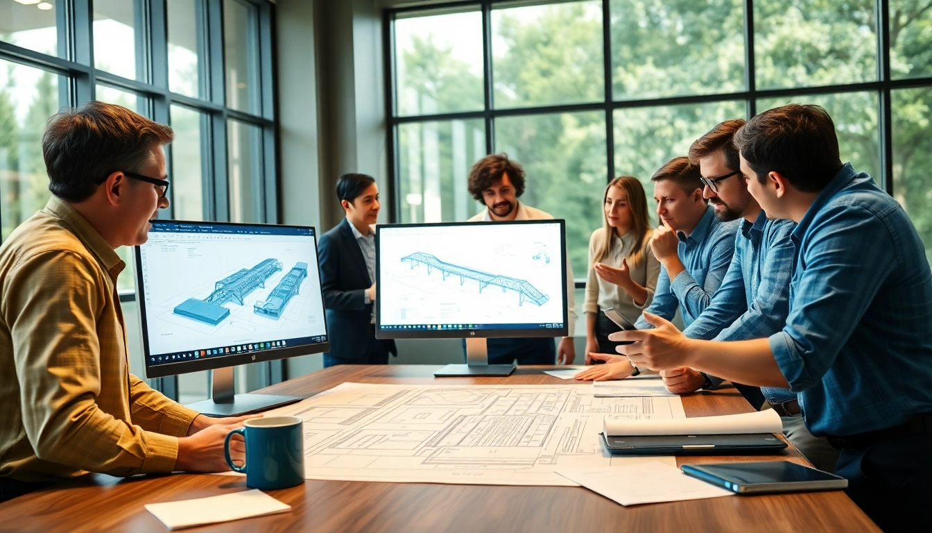 Railroad Design Consultants collaborating on blueprints in a modern office setting.