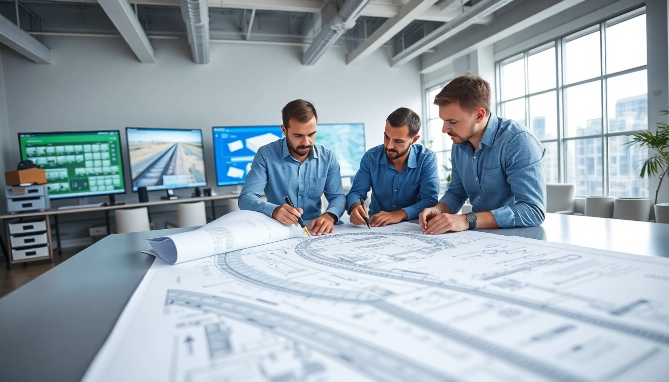 Railroad Design Consultants reviewing blueprints at a modern workspace.