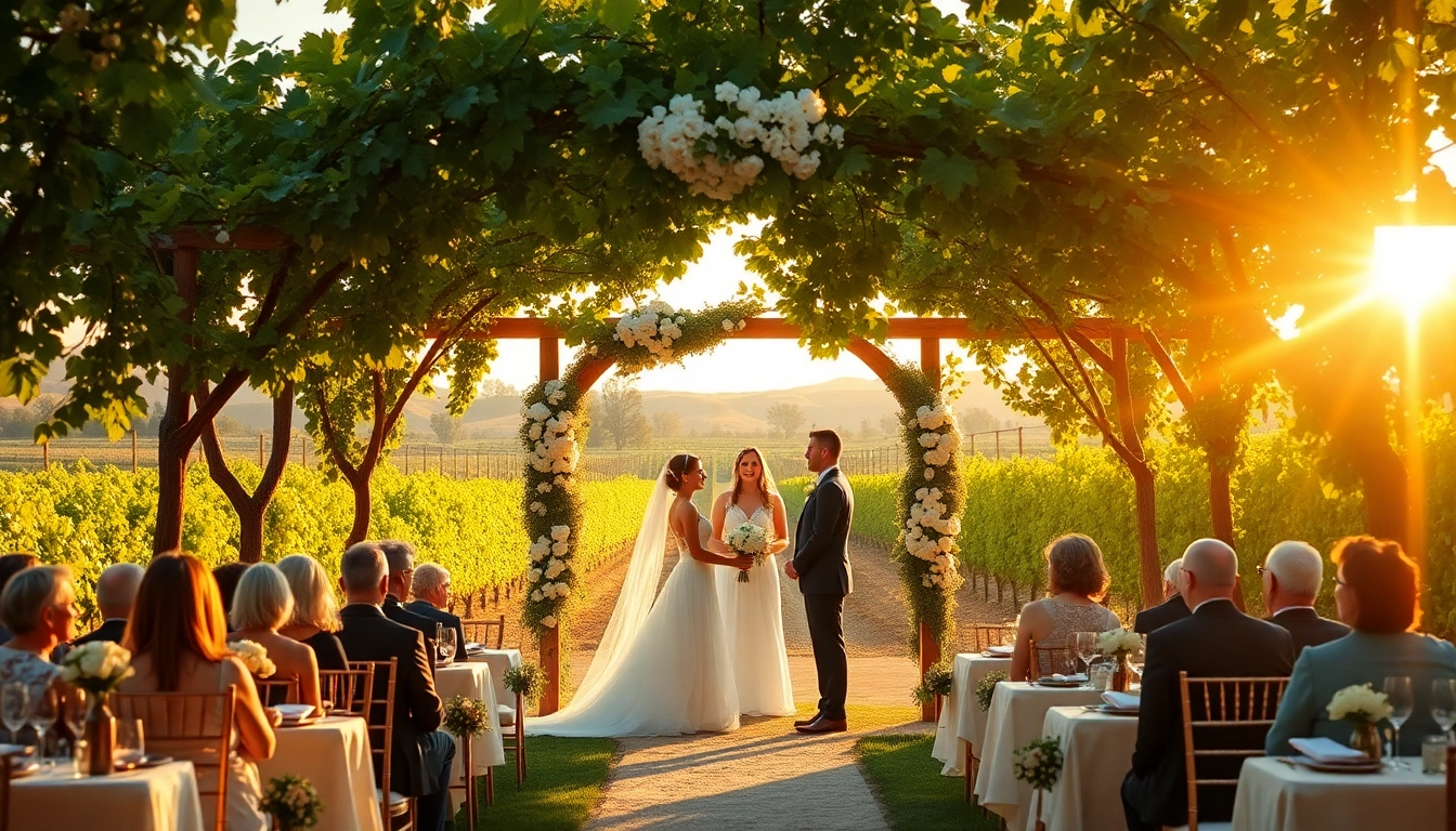 Couple exchanging vows at a charming Clarksburg wedding amidst beautiful vineyard scenery.