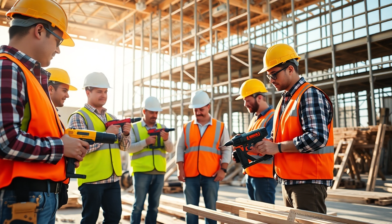 Construction training session where workers practice essential skills with safety gear.