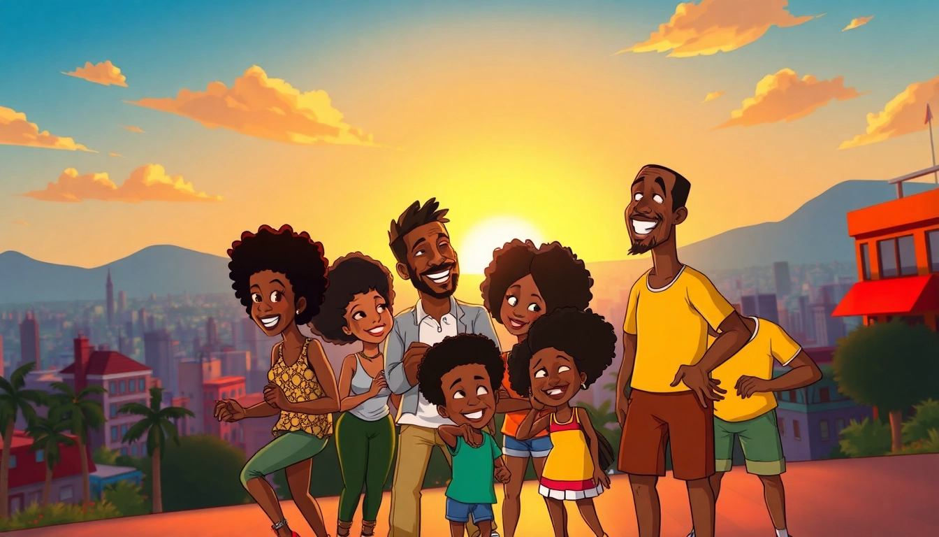 A scene showcasing vibrant African American cartoons with iconic characters engaging joyfully in a colorful urban setting.