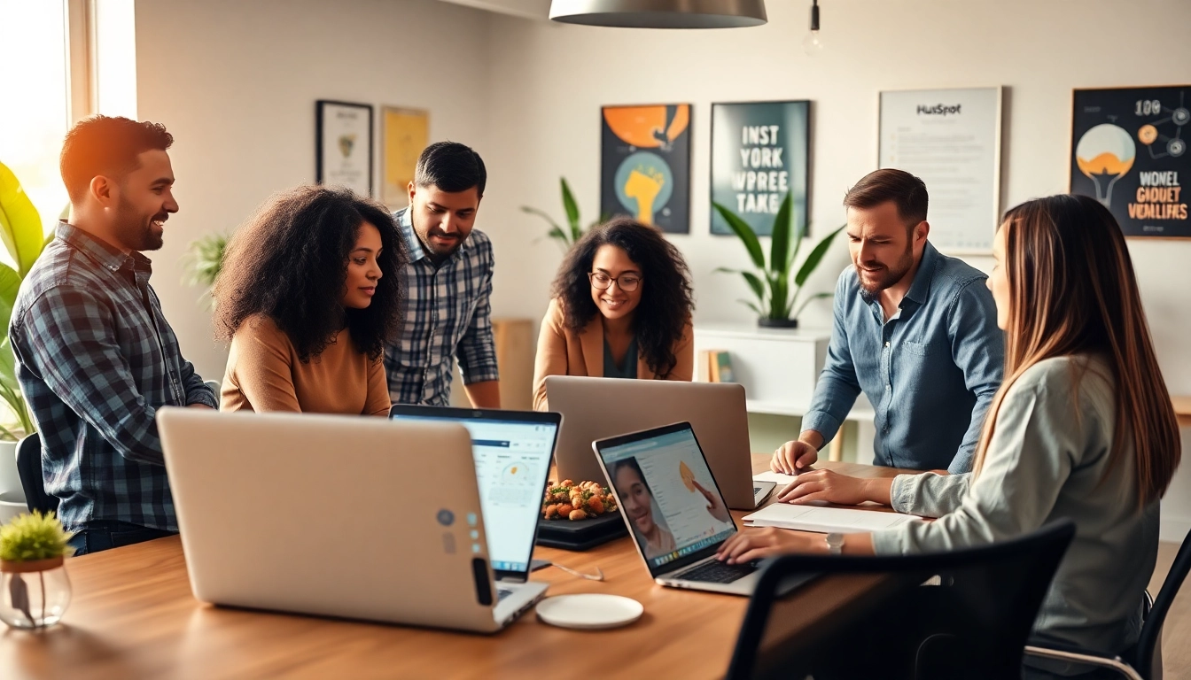 Team discussing strategies using HubSpot CRM free in a vibrant modern office space.