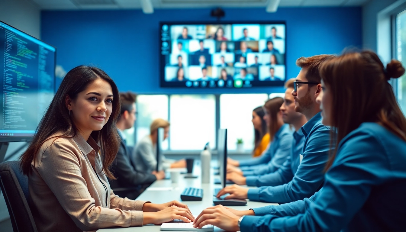 Employees collaborating on remote quality assurance jobs in a modern workspace.