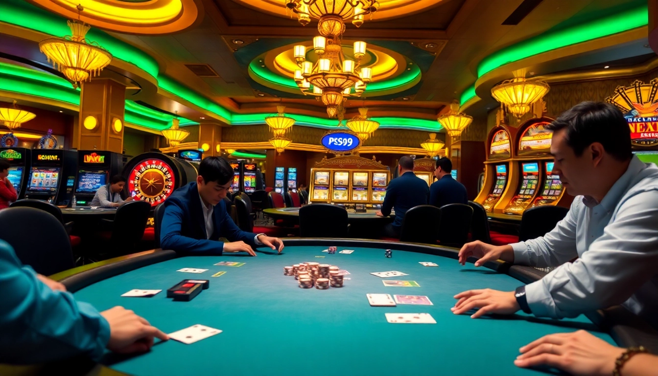 Players enjoy a thrilling game at PS99 casino table, surrounded by vibrant slot machines and roulette.