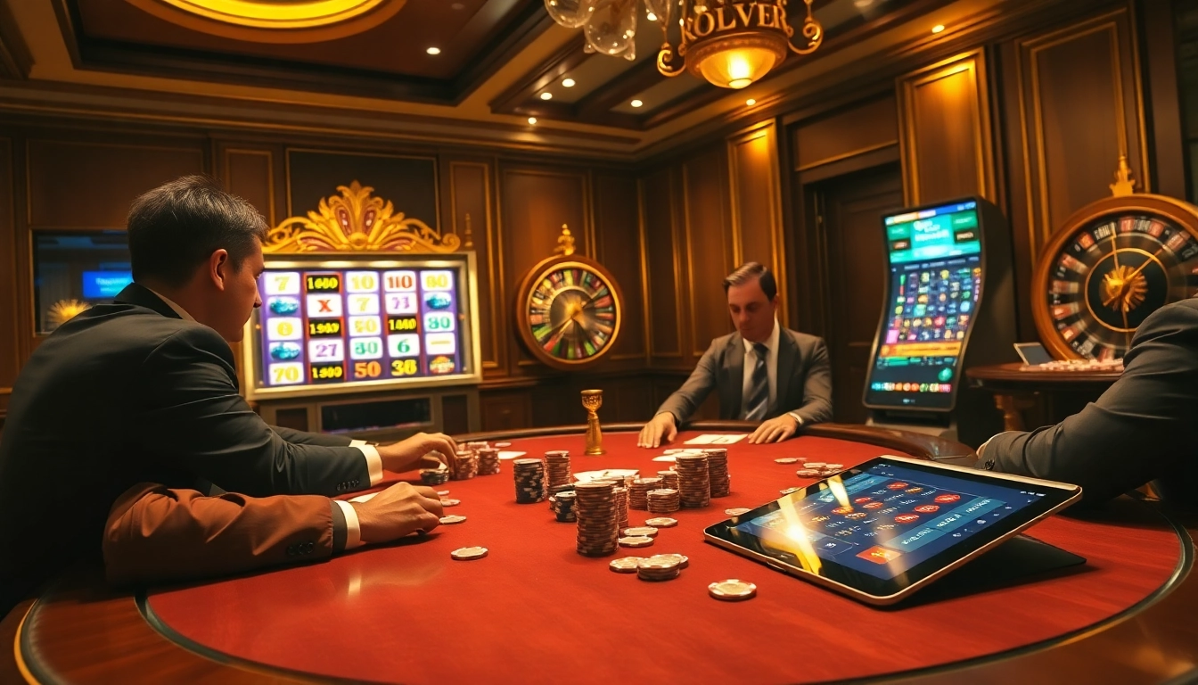 Participez à un gameplay stratégique dans une atmosphère de casino en ligne avec du poker, de la roulette et des machines à sous.