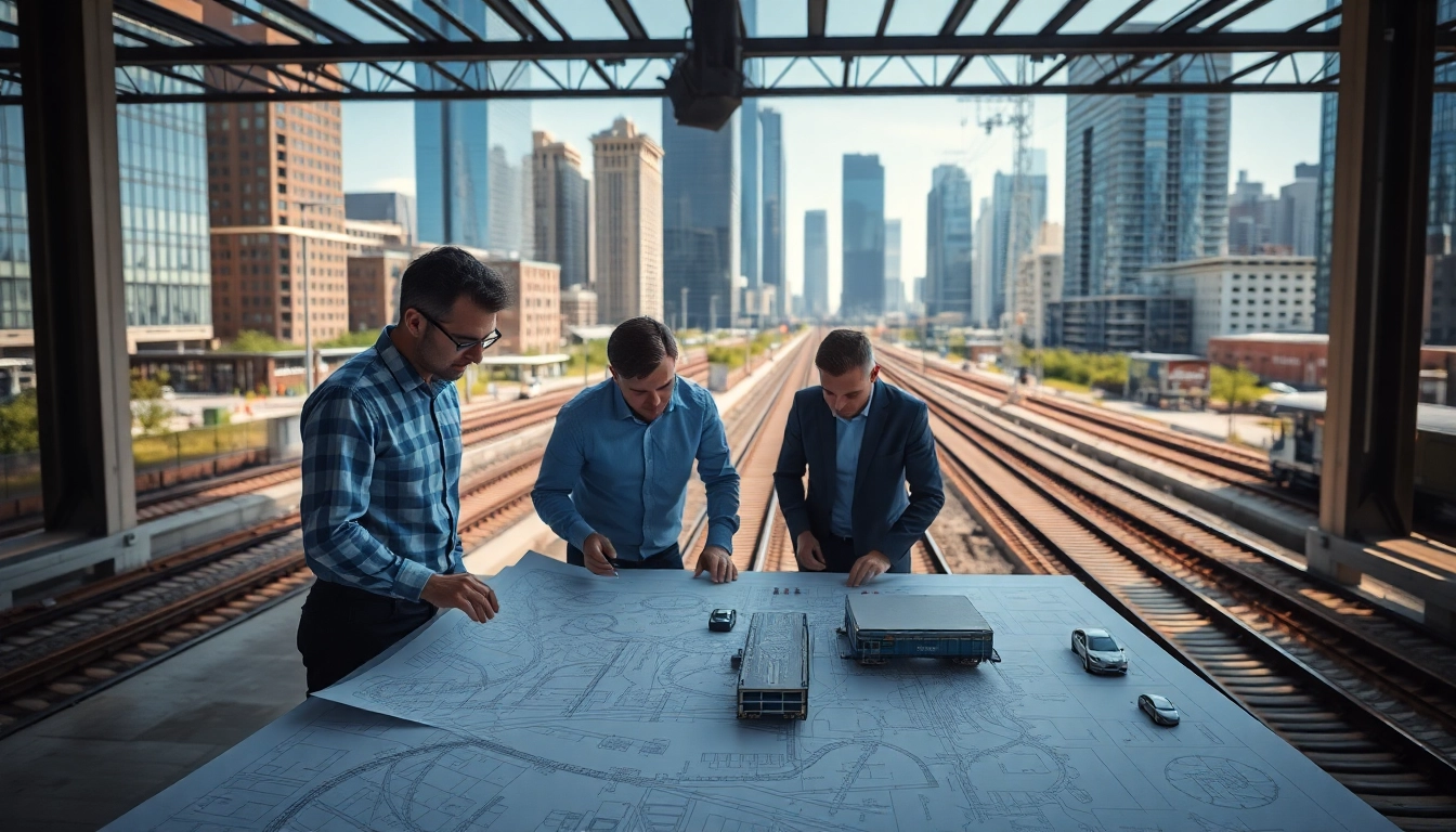 Railroad Design Consultants reviewing plans and models in a professional urban environment.