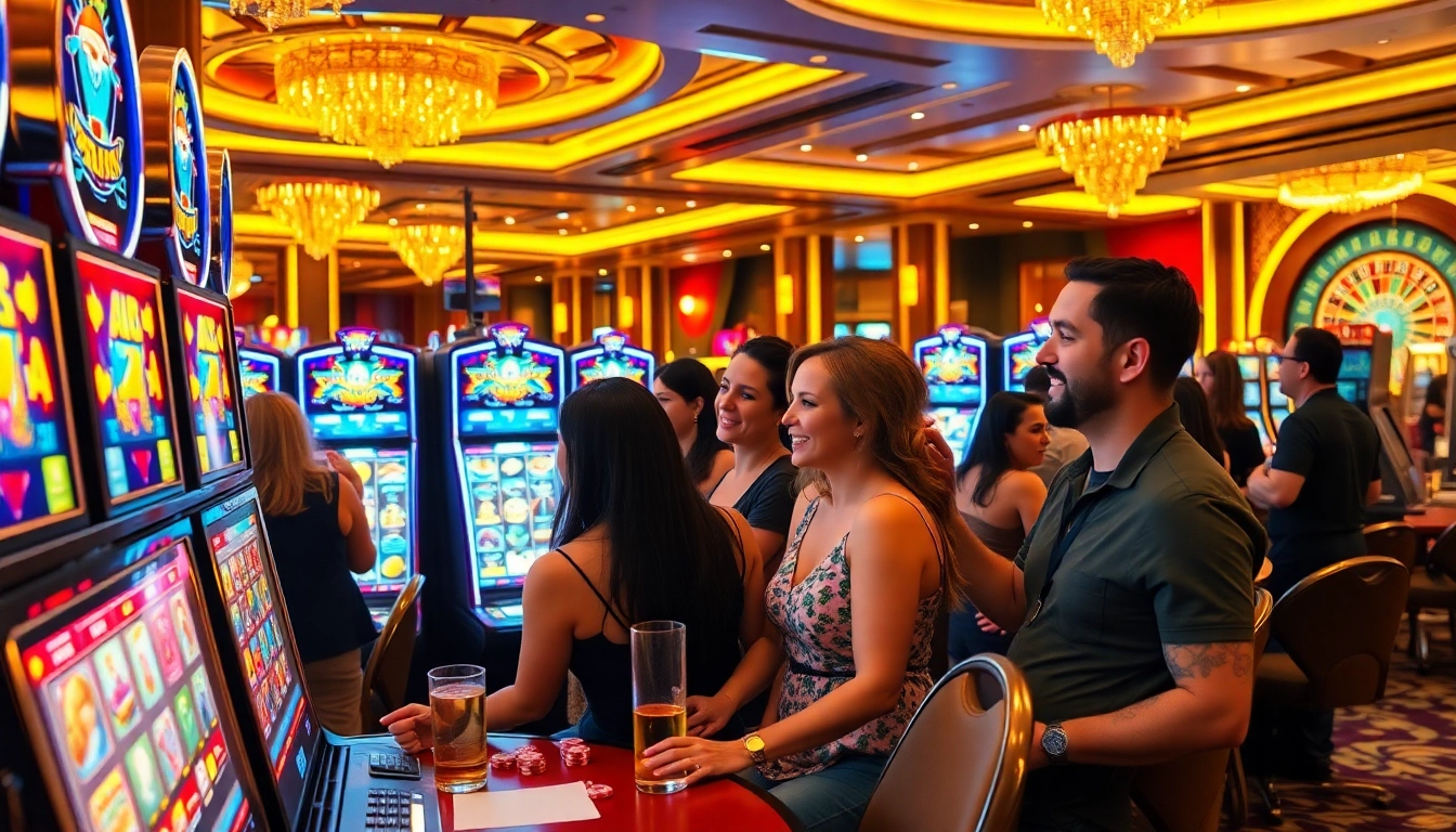 Excited players engaging with slot machines in a luxurious casino setting.