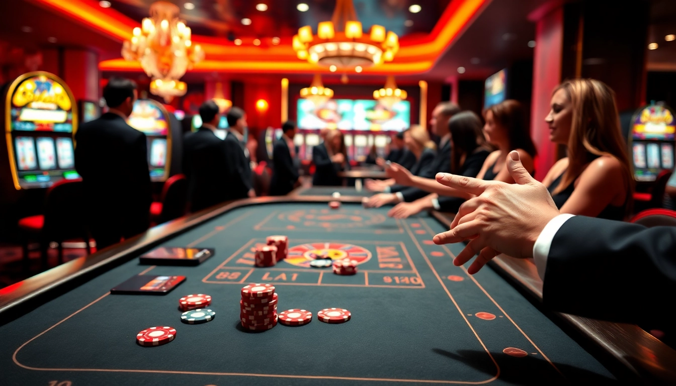 Menampilkan suasana casino online dengan meja permainan yang menarik dan cerah, penuh antusiasme.