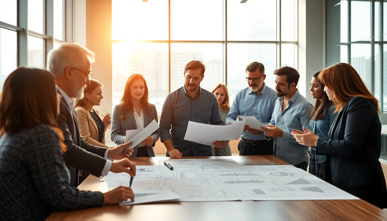 Construction association professionals collaborating over architectural plans in a bright conference room.