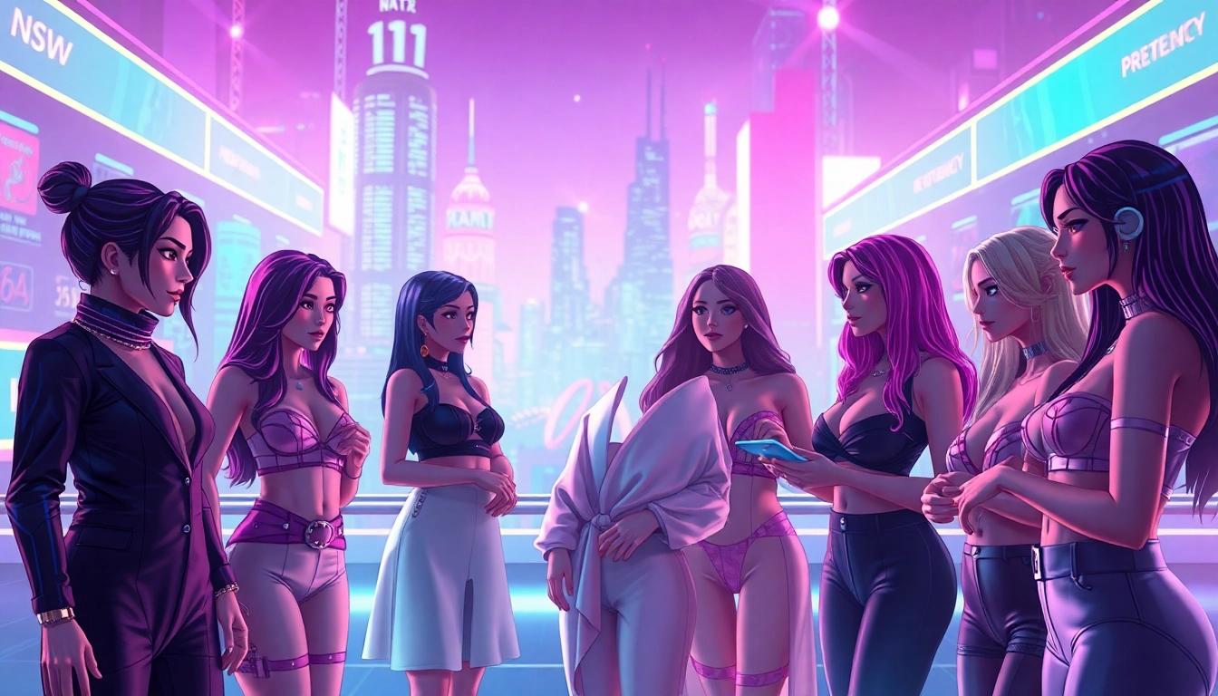 Engaging NSFW AI scene featuring diverse characters and futuristic technology for virtual companionship.