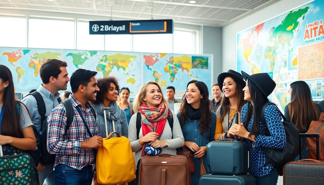 Engaged travelers planning their round the world holidays in a vibrant airport setting.