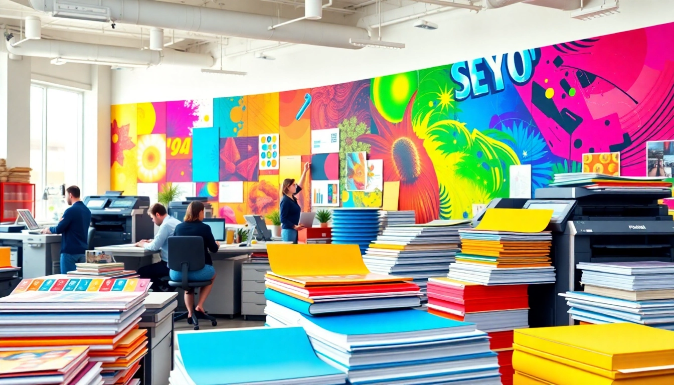 Showcase of vibrant Edmonton printing services highlighting colorful materials and a dynamic workspace.