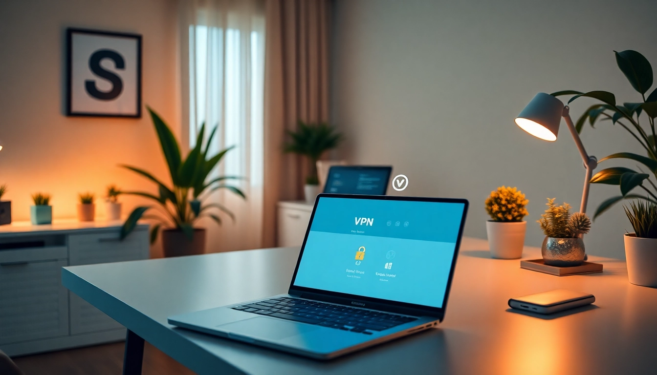 在现代家庭办公室场景中的笔记本电脑上显示的快连 VPN 界面，展示了连接的便捷性与安全性。