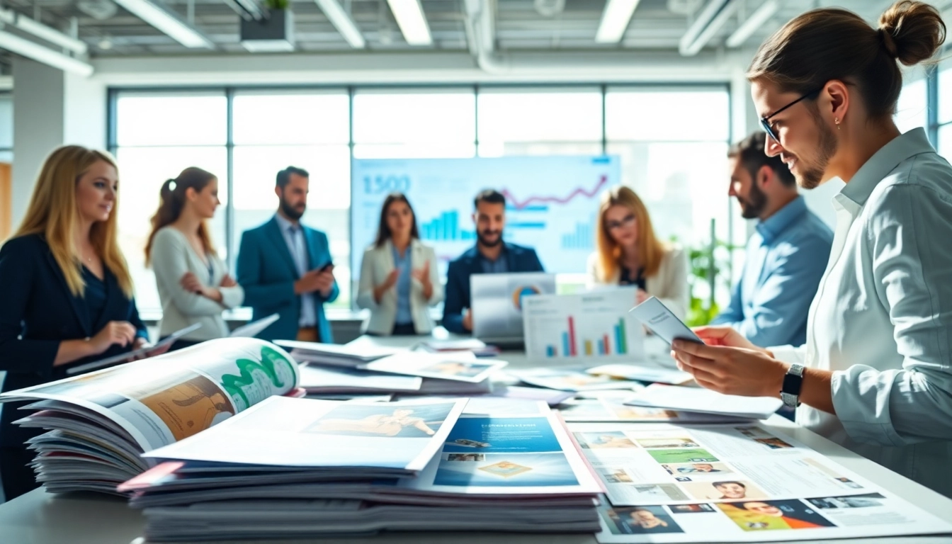 Design experts collaborating on Atlas Direct Mail campaigns in a modern office space.