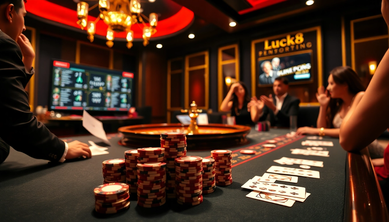 Exciting gameplay at a LUCK8 casino table with high-stakes poker chips and vibrant atmosphere.