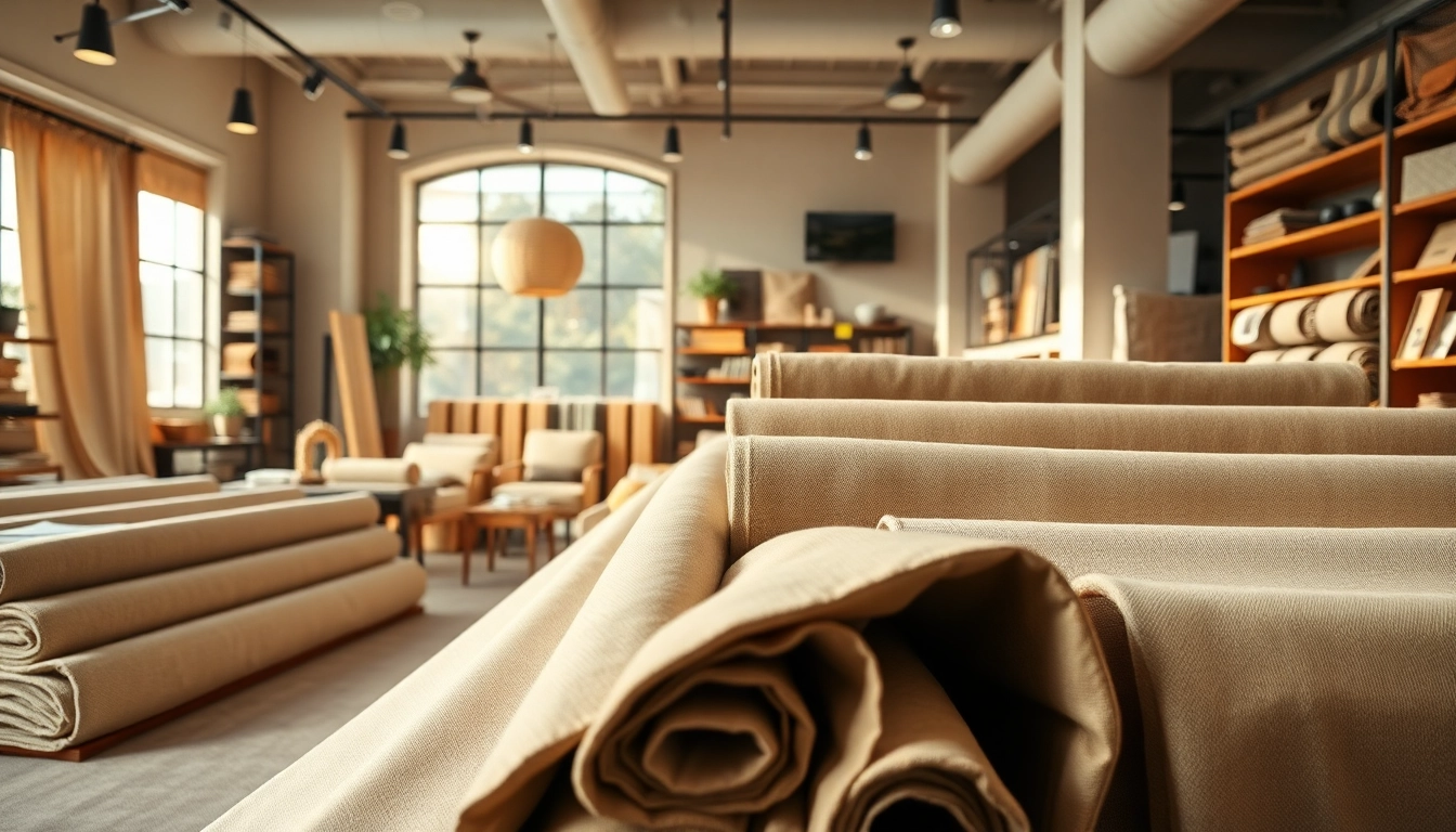 Bekijk canvas stoffen in een stijlvolle showroom met verschillende kleuren en texturen.