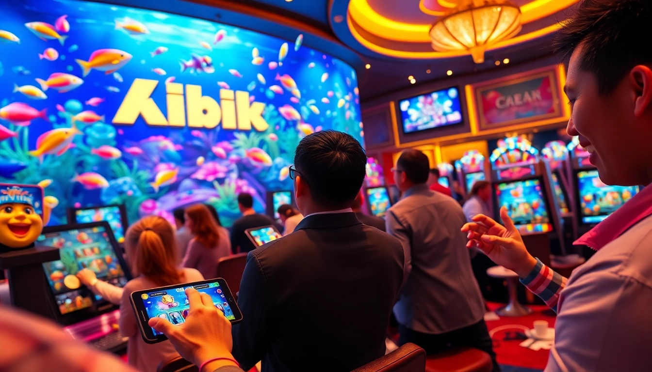 Bắn cá đổi thưởng players celebrating big wins in a vibrant, immersive casino scene