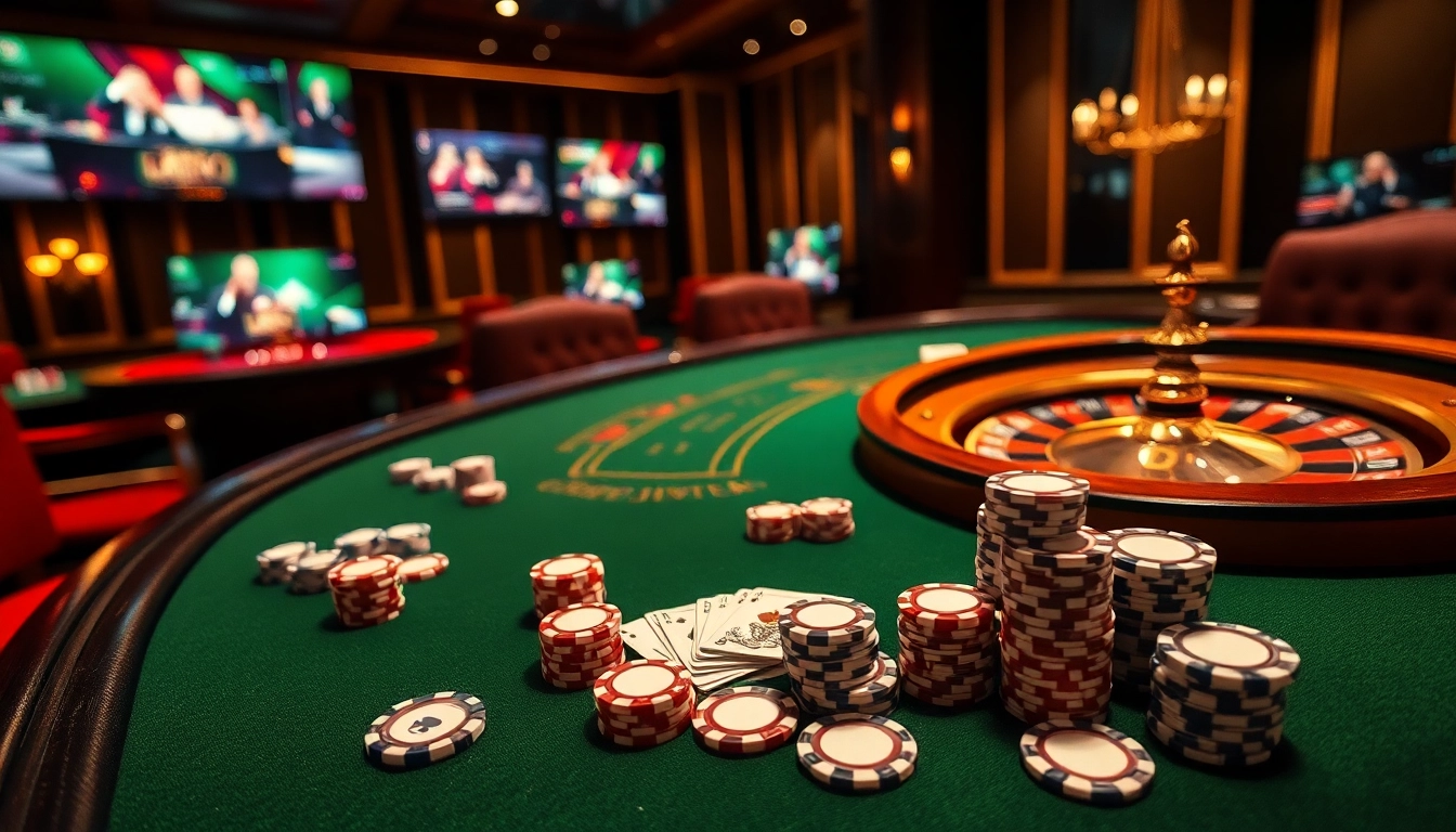 Suasana judi poker yang mendebarkan dengan chip berwarna-warni dan pengaturan meja yang elegan.