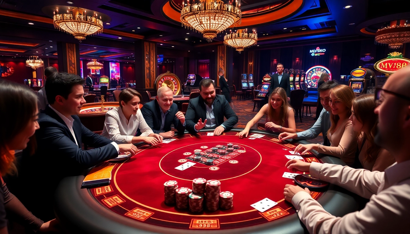 Players enjoying the excitement of MV88 game at a luxurious casino table filled with cards and chips.