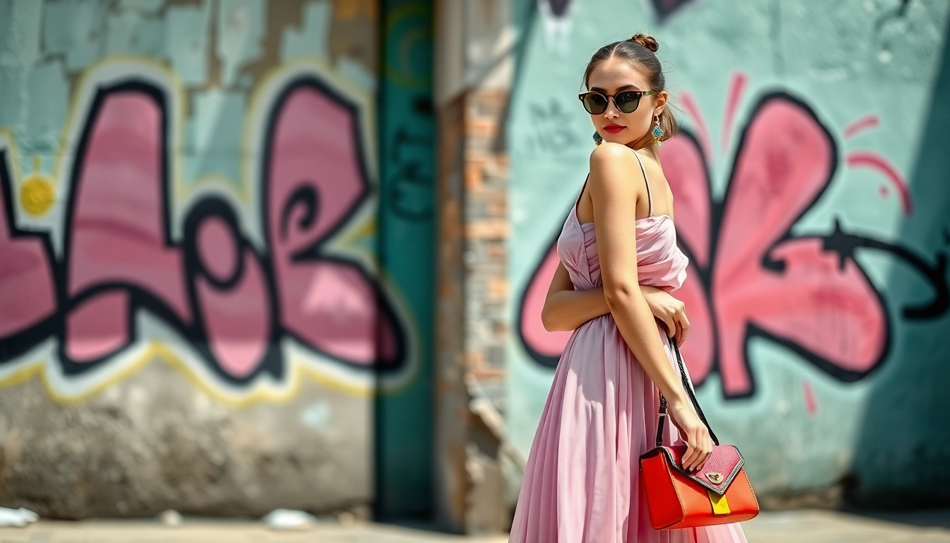 Model showcasing trendy Fashion and Apparel in a vibrant urban setting with creative graffiti.