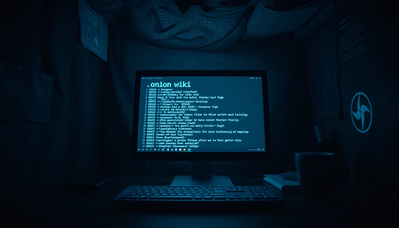 The Hidden Wiki 1 with glowing links on a computer screen in a dark, tech-inspired setting.
