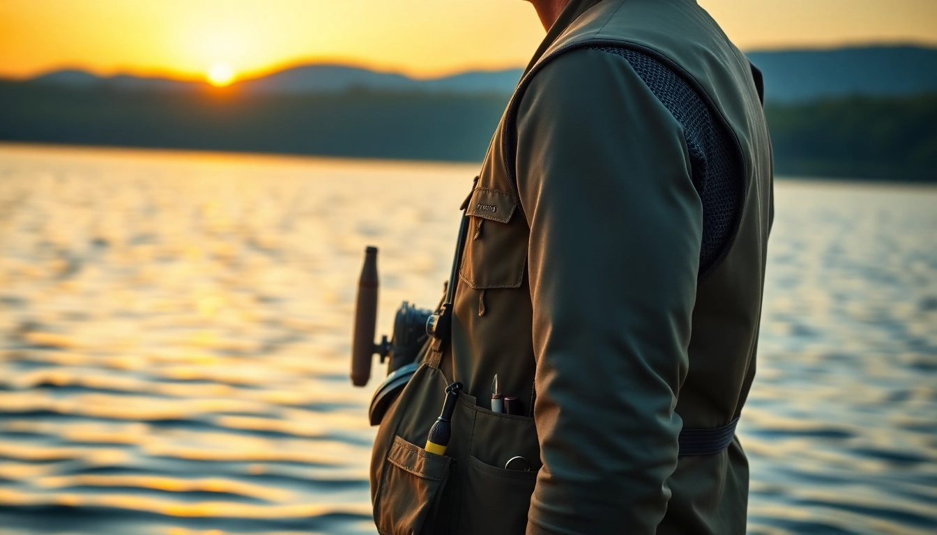 Explore the features of a fly fishing vest with various tools by a tranquil lakeside.