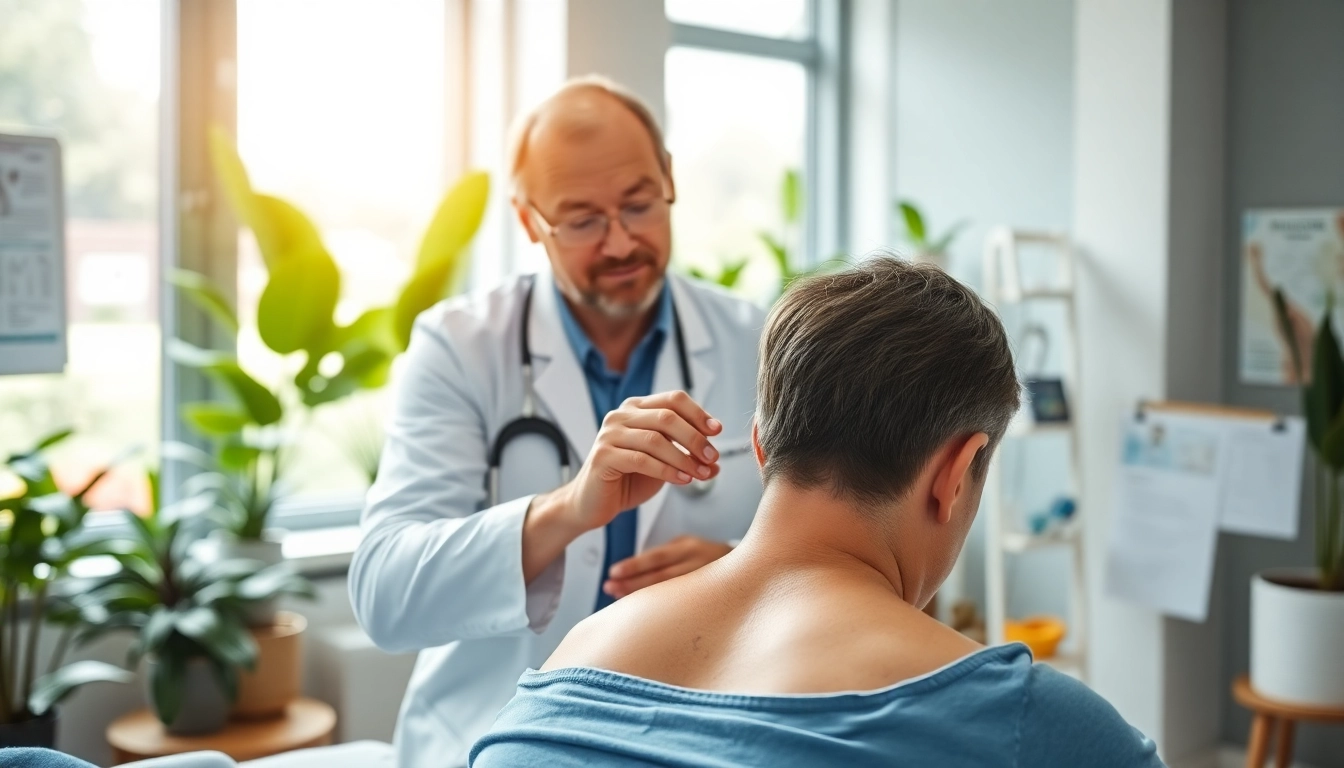 Chiropractor near me providing a spinal adjustment to a patient in a bright office.