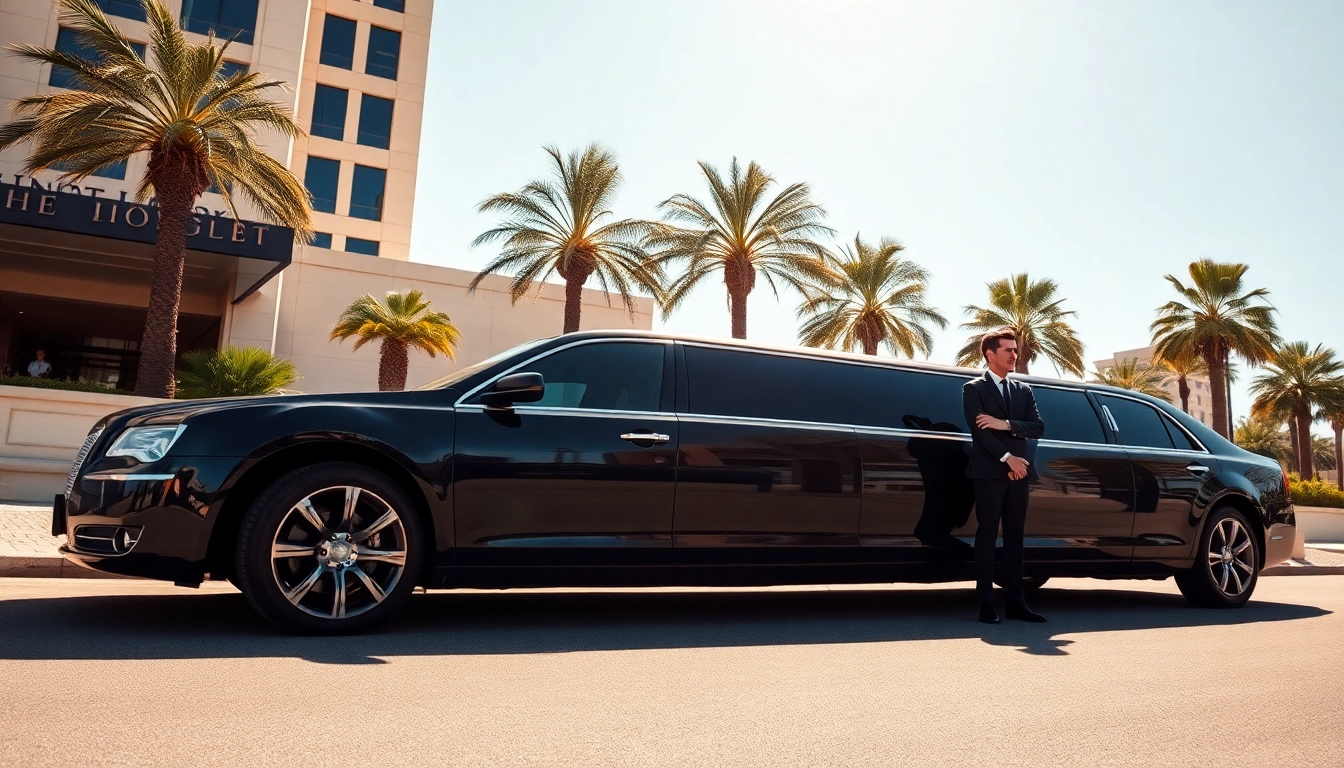 The luxury Los Angeles Limo service, a sleek limousine parked outside a high-end hotel, exuding sophistication.