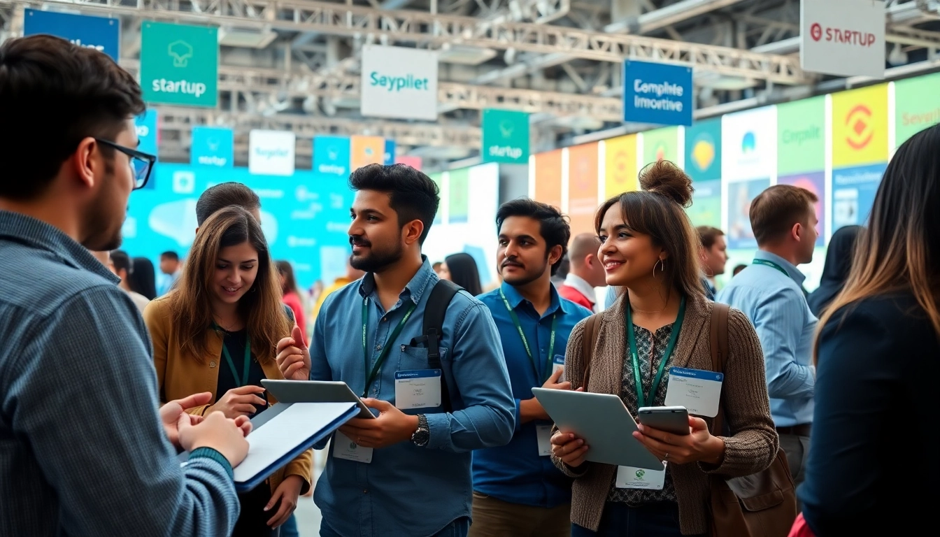 Engaged entrepreneurs at a startup innovation conference exchanging ideas and networking.