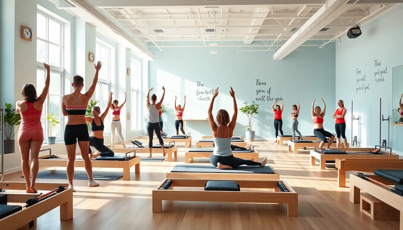 リフォーマーを用いたピラティスクラスで、おすすめのピラティステクニックを実演する熱心な参加者たち