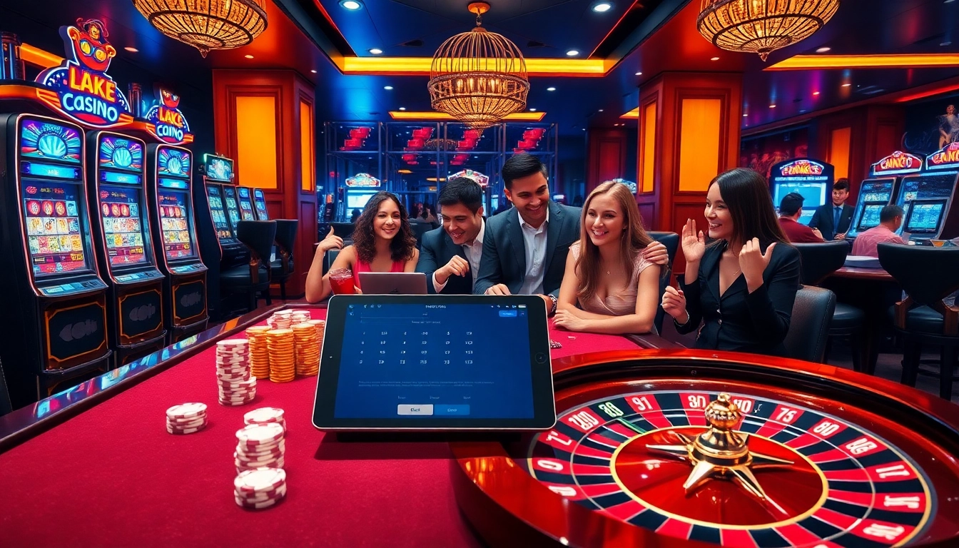 Des joueurs engagés à une table de casino en ligne luxueuse avec des jetons de poker et une roue de roulette.