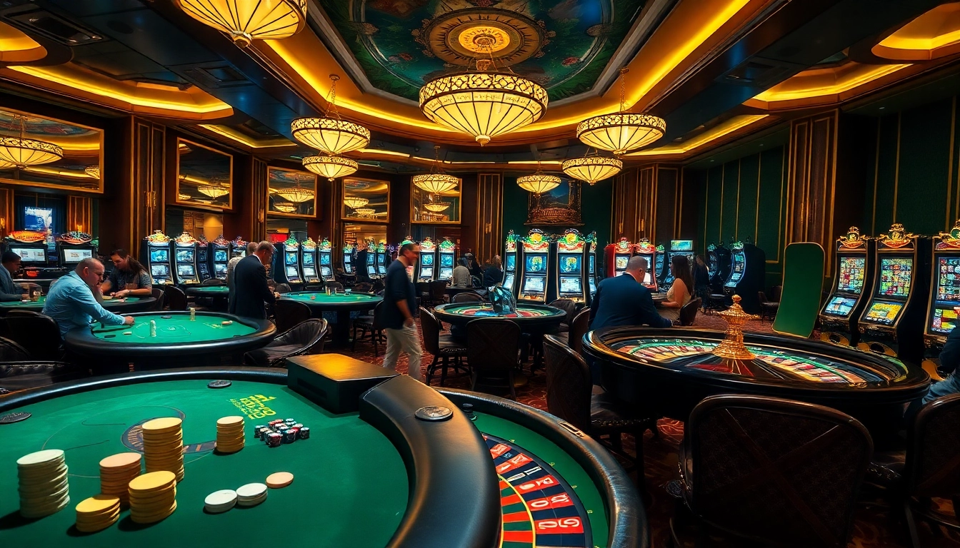 Vivez l'excitation des jeux de casino en ligne présentés dans un cadre luxueux rempli de tables de jeux vibrantes et de machines à sous.