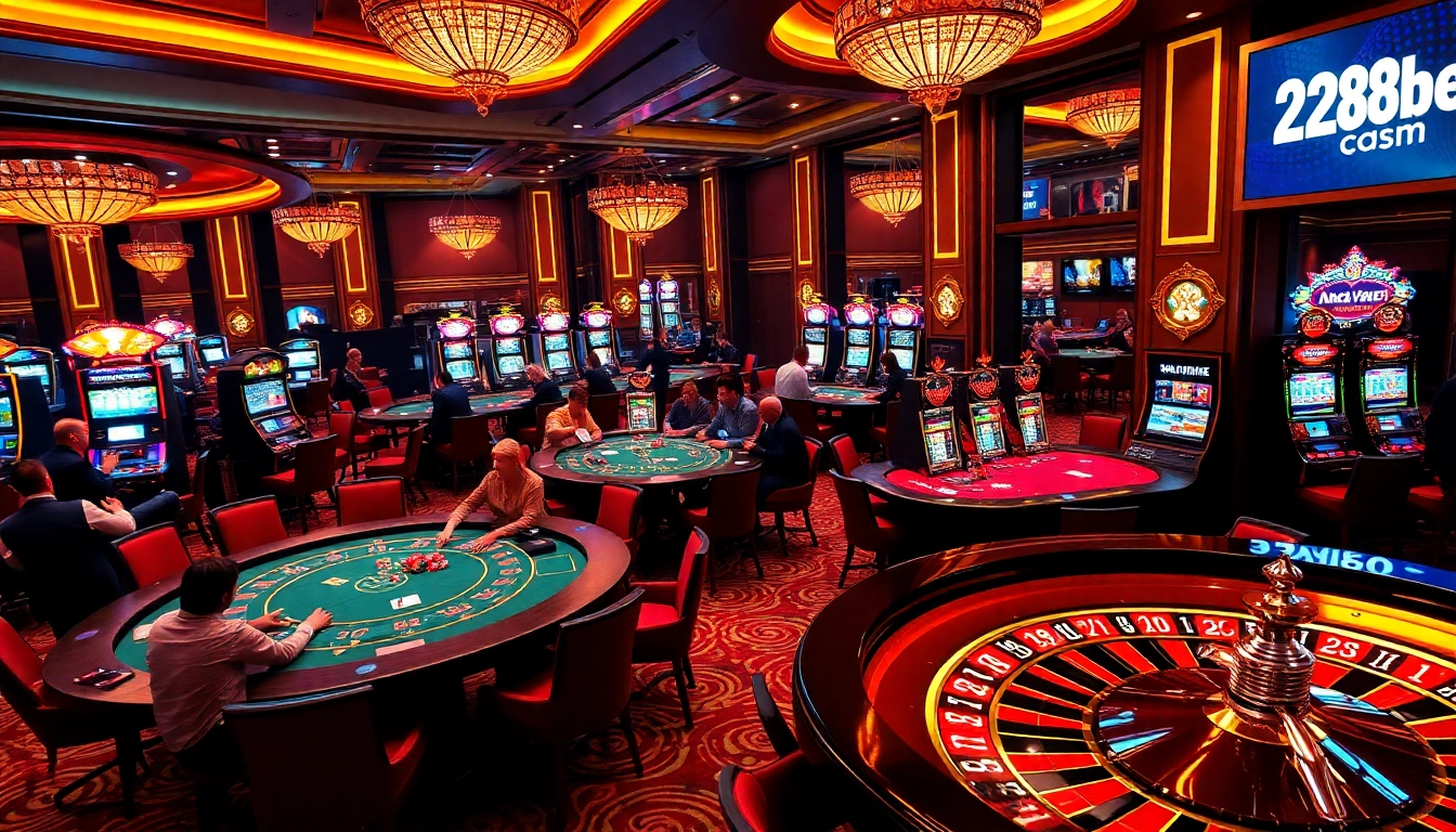 Exciting casino scene showcasing poker, roulette, and 28bet com branding in vibrant colors.