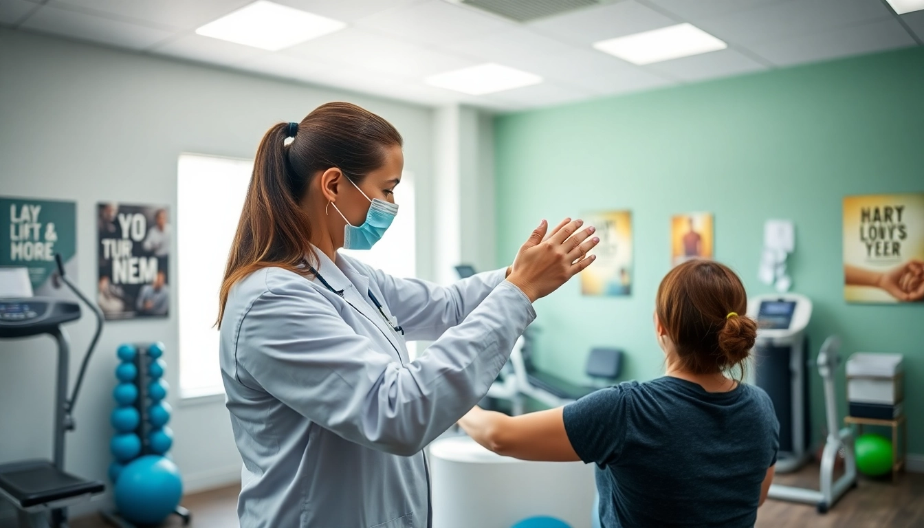 Engaging physiotherapist assists client with rehabilitation in north edmonton physiotherapy clinic setting.